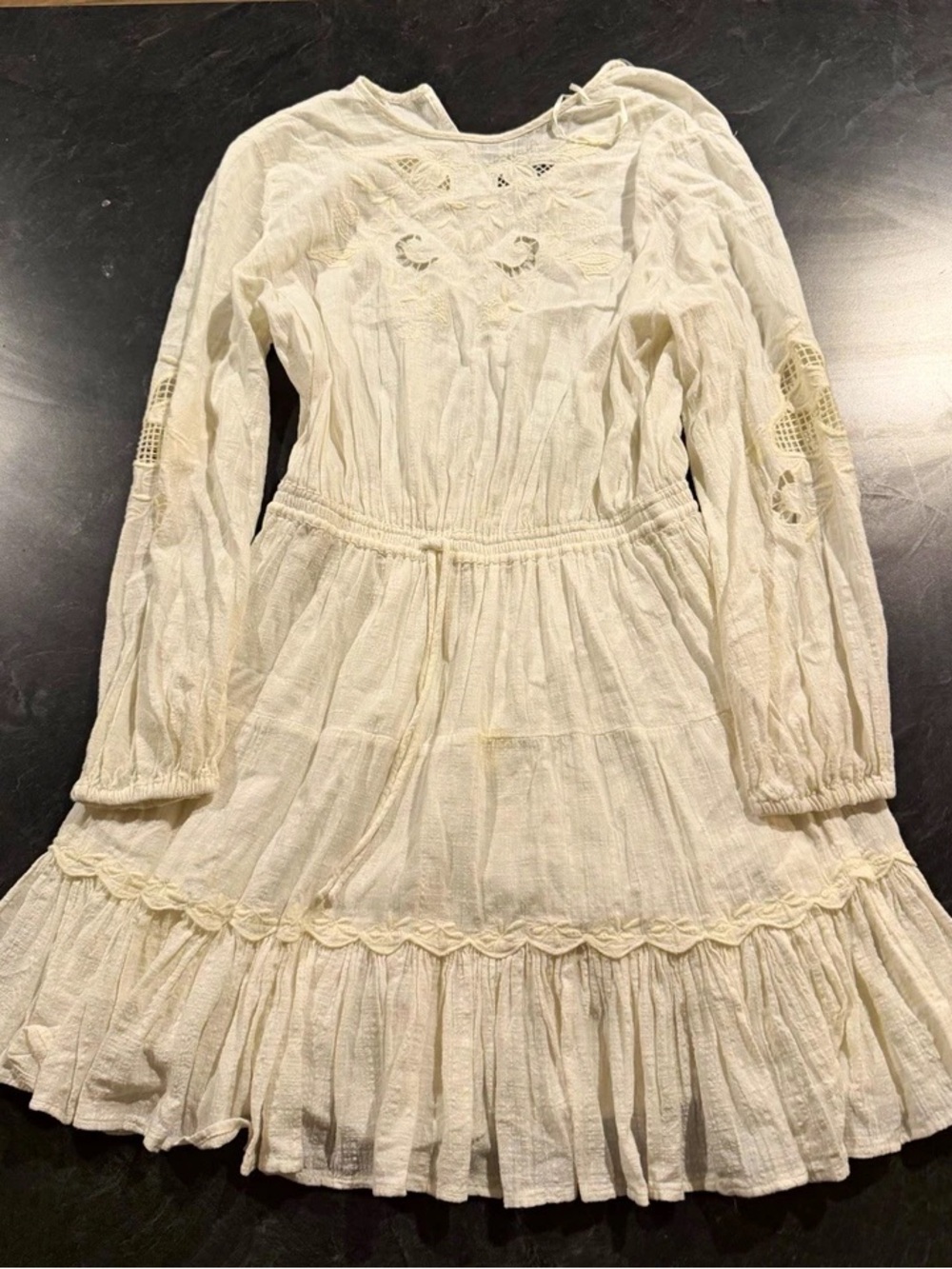 Zara Off-White Long-Sleeve Crochet Tiered Dress